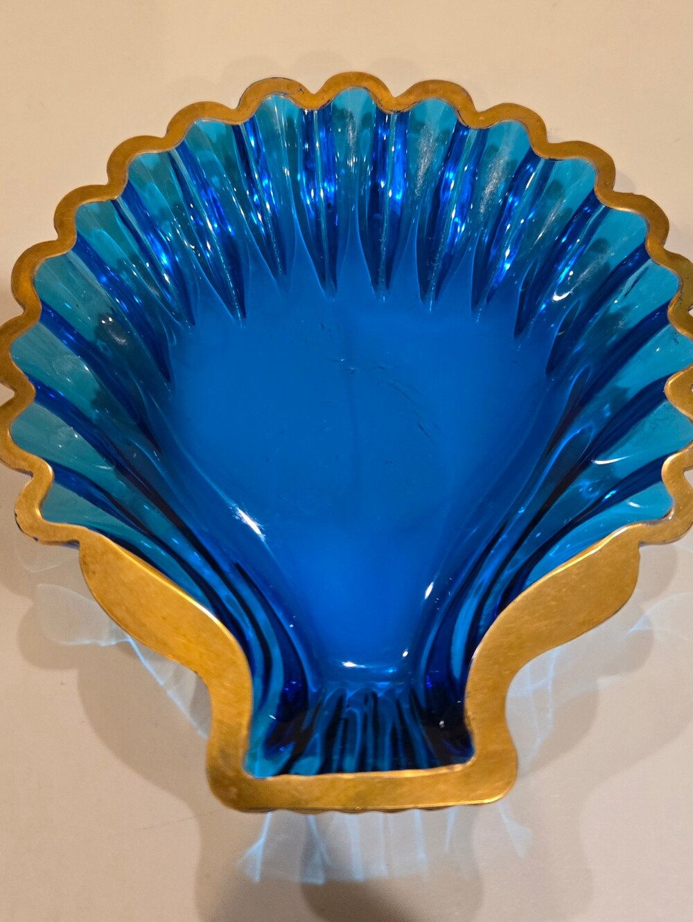 Antique French Blue Opaline Glass Shell Dish With Gold Trim - Home Art